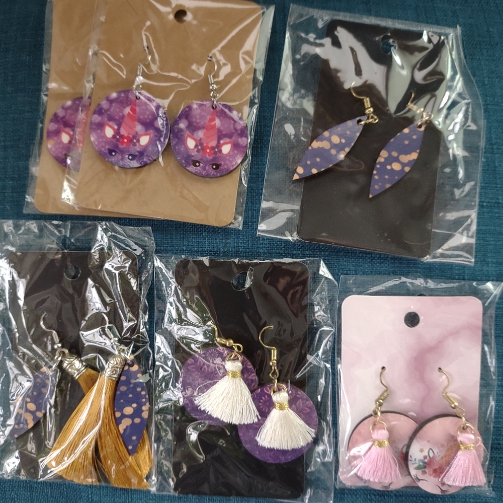 6 Handmade Unicorn And Purple and Gold Tassel Earrings Sets